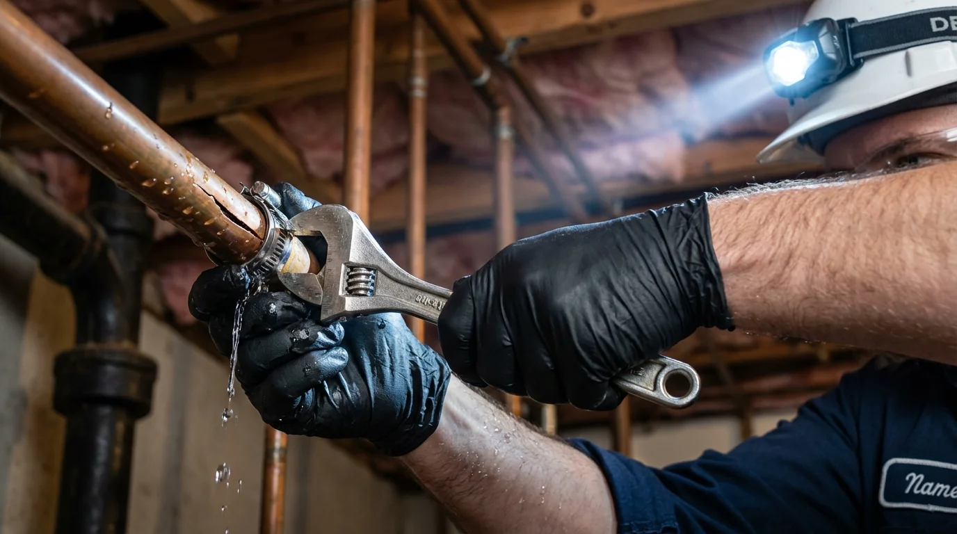 Emergency pipe clamp repair being performed by a Johns Plumbing LLC plumber in Van Buren