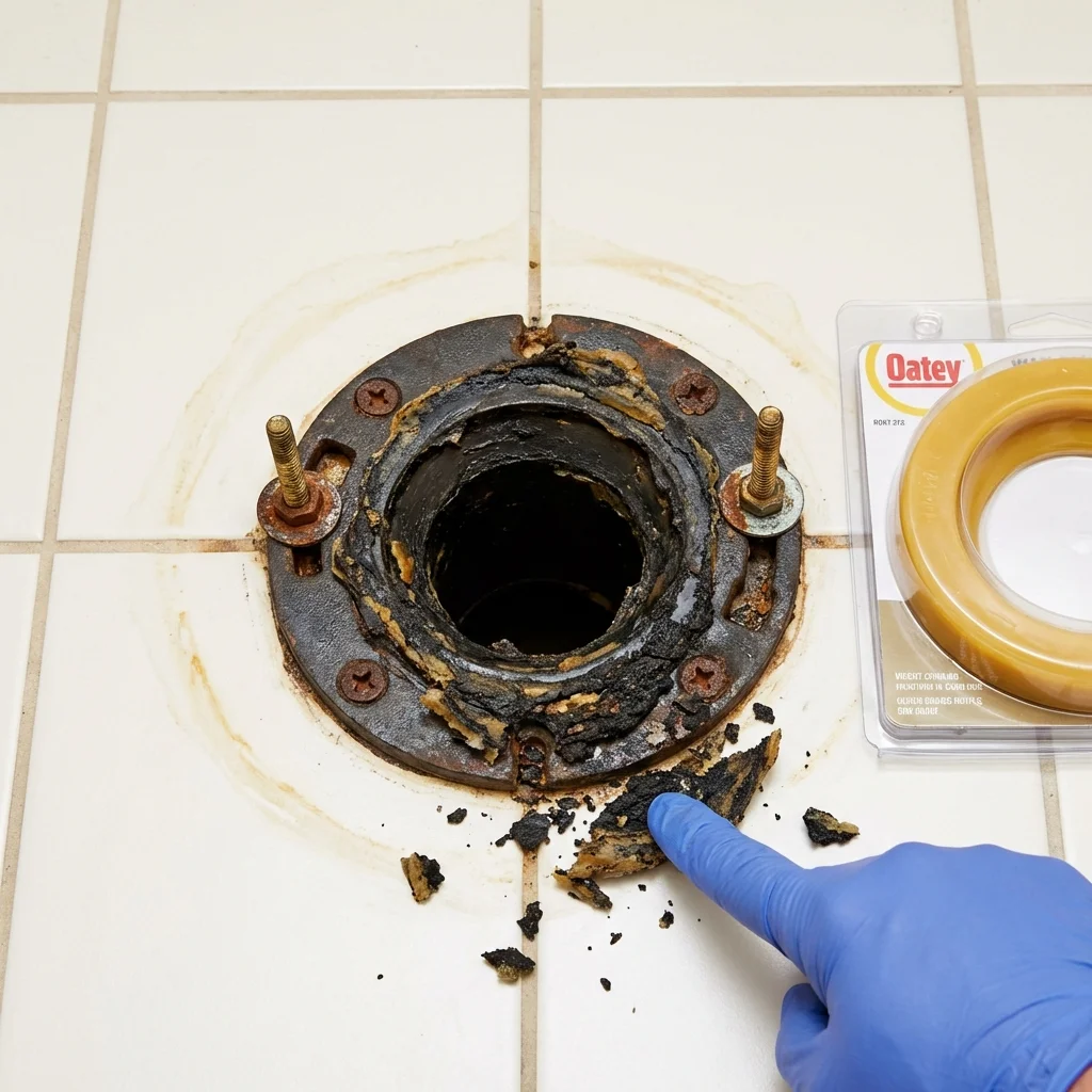 Failed wax ring showing water seepage at the base of a toilet in a Van Buren, AR home