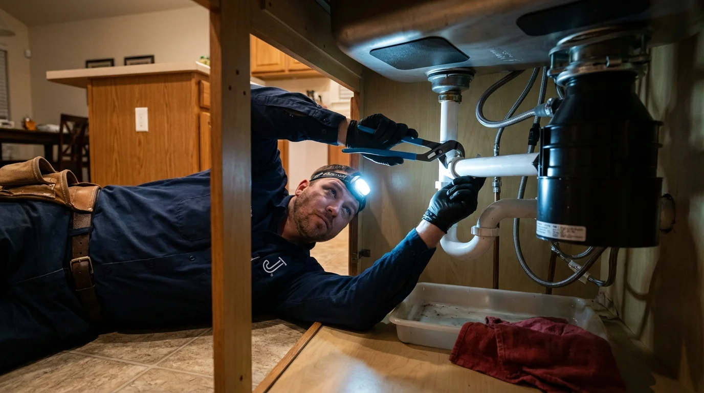 P-trap and supply line connections under a kitchen sink showing a common leak point in Van Buren, AR